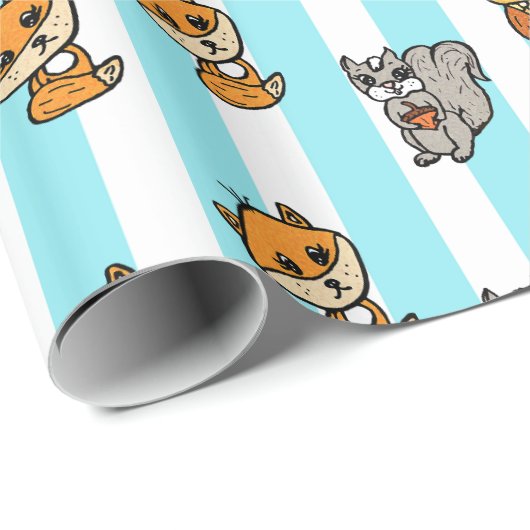 Papier Cadeau Forêt Créatures Fox, écureuil et hibou bleu (Coin rond)