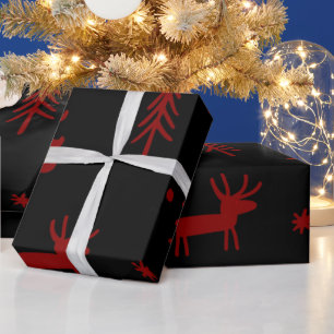 Papier Cadeau Forêt d'arbres rouges mignonne avec Noël noir cerf