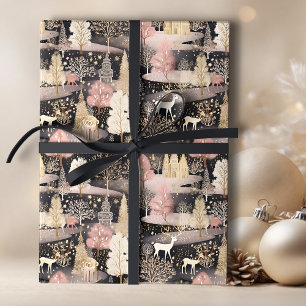 Papier Cadeau Forêt de cerfs neigeux rose et noir