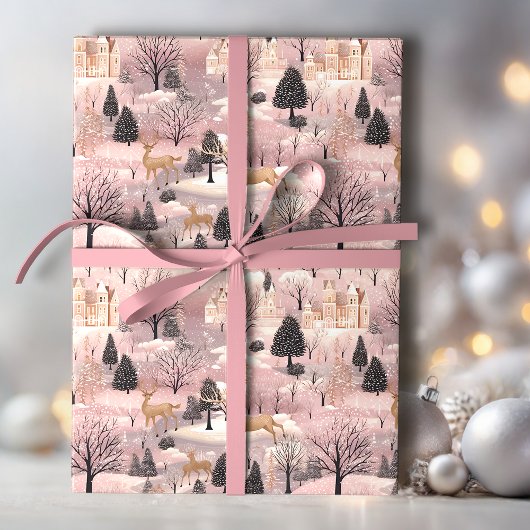Papier Cadeau Forêt de cerfs roses neige