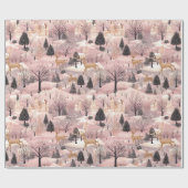 Papier Cadeau Forêt de cerfs roses neige (Plat)