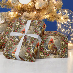 Papier Cadeau Forêt de Noël avec baie de houx, oiseau, hiver