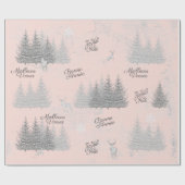 Papier Cadeau Forêt de Noël Française Arbre de Cerfs Rose Joyeux (Plat)