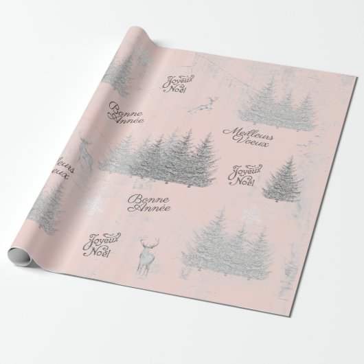 Papier Cadeau Forêt de Noël Française Arbre de Cerfs Rose Joyeux (Déroulé)