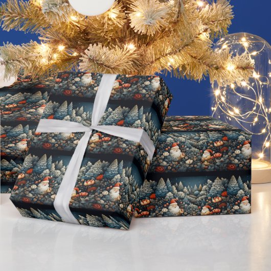 Papier Cadeau Forêt de pins de Noël Fleurs Rouges (Vacances)