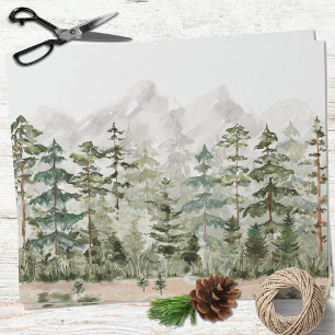 Papier Cadeau Forêt de pins verts sur montagne à l'aquarelle