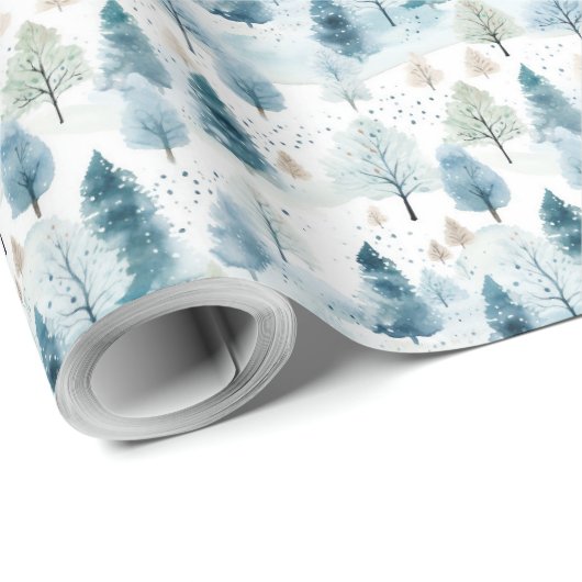 Papier Cadeau Forêt d'hiver douce pastel bleu et vert (Coin rond)
