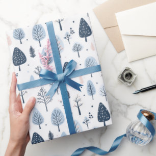 Papier Cadeau Forêt d'hiver Noël bleu et blanc