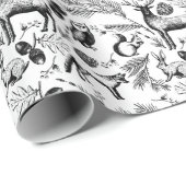 Papier Cadeau Forêt d'hiver noire et blanche Animaux Noël (Coin rond)