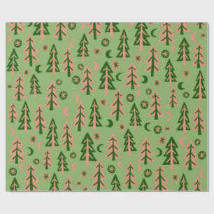 Papier Cadeau Forêt d'hiver Pins Arbres Lune Stars Nature