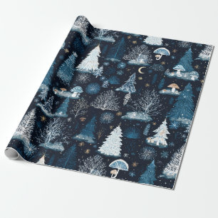 Papier Cadeau Forêt enneigée bleue de minuit Fantaisie hivernale