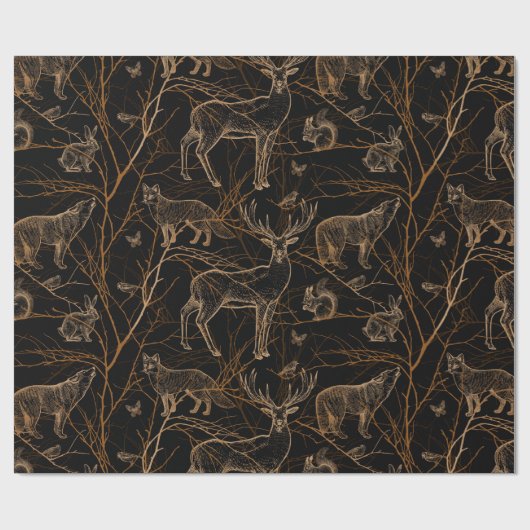 Papier Cadeau Forêt Faune Animaux Cerfs Ours Nature Sombre (Plat)