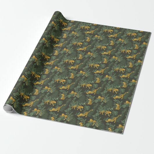Papier Cadeau Forêt tropicale léopard motif sauvage vert foncé (Déroulé)
