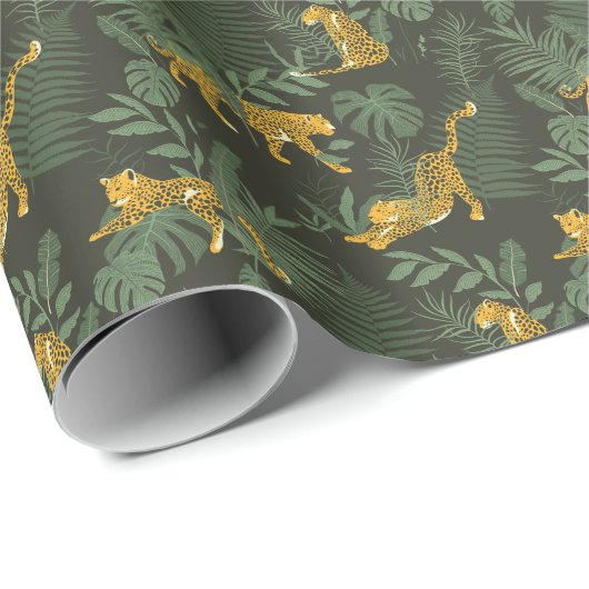 Papier Cadeau Forêt tropicale léopard motif sauvage vert foncé (Coin rond)