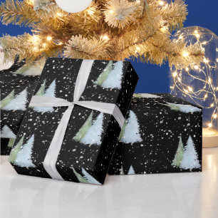 Papier Cadeau Forêt Vert Noir Arbre De Noël Et Feu De Neige