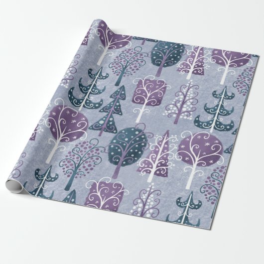 Papier Cadeau Forêt Whimsical mignonne Arbre de Noël pourpre (Déroulé)