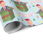Papier Cadeau Forfait Funny Donald Trump Christmas Yuuge Humour<br><div class="desc">Sur ce papier d'emballage de Noël plein d'humour, le président américain Donald Trump se serre les mains en émergeant d'une boîte-cadeau et en portant un chapeau de Père Noël avec son slogan MAGA dessus. Il dit : "Votre colis est à vous !!" Il est entouré de sucres de canne, d'étoiles,...</div>