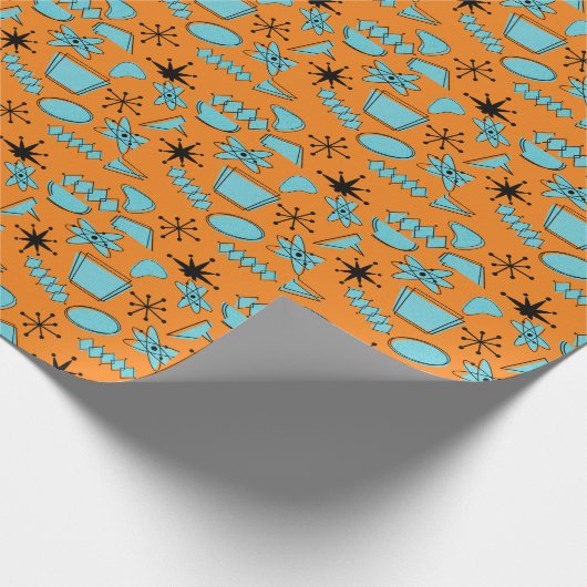 Papier Cadeau Formes atomiques MCM Turquoise sur orange (Coin)