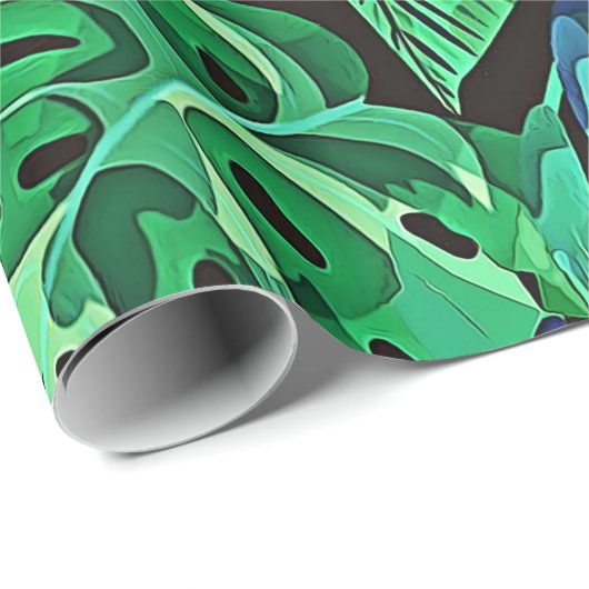 Papier Cadeau Fougères bleues et vertes et feuille tropical (Coin rond)