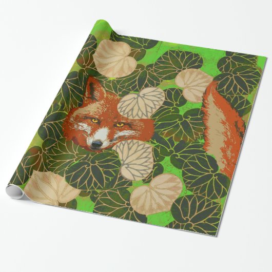 PAPIER CADEAU FOX ROUGE PARMI LES FEUILLES VERTS ET LE FOLIAGE (Déroulé)