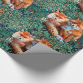 PAPIER CADEAU FOXES ROUGES EN FOLIAGE VERT ET FLEURS (Coin)