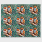 PAPIER CADEAU FOXES ROUGES EN FOLIAGE VERT ET FLEURS (Plat)