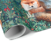 PAPIER CADEAU FOXES ROUGES EN FOLIAGE VERT ET FLEURS (Coin rond)