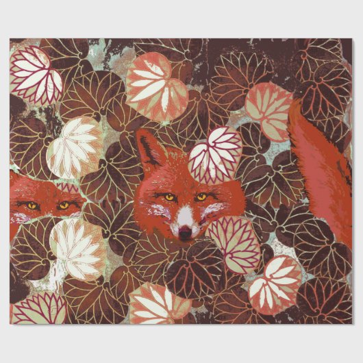 PAPIER CADEAU FOXES ROUGES PARMI LES FEUILLES BLANCS ET LE FOLIA (Plat)