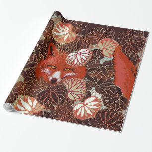 PAPIER CADEAU FOXES ROUGES PARMI LES FEUILLES BLANCS ET LE FOLIA