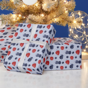 Papier Cadeau Fraise, Huckleberry, Mûre sur Bleu
