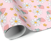 Papier Cadeau Fraises Fleurs blanches mignonnes (Coin rond)