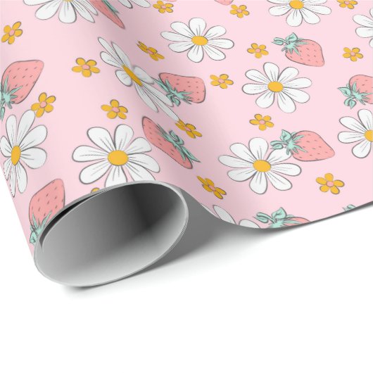 Papier Cadeau Fraises Fleurs blanches mignonnes (Coin rond)