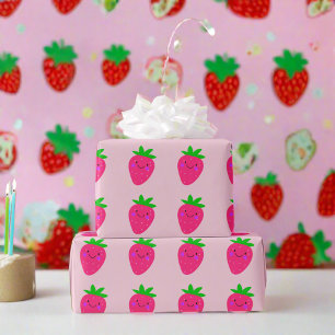 Papier Cadeau Fraises roses mignonnes Fête d'anniversaire Fille 
