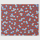 Papier Cadeau Fraises rouges et fleurs blanches Marine et blanc (Plat)