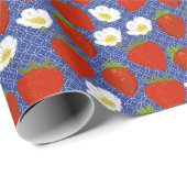 Papier Cadeau Fraises rouges et fleurs blanches Marine et blanc (Coin rond)