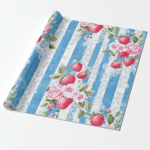 Papier Cadeau Fraises vintages et fleurs sur bandes bleues