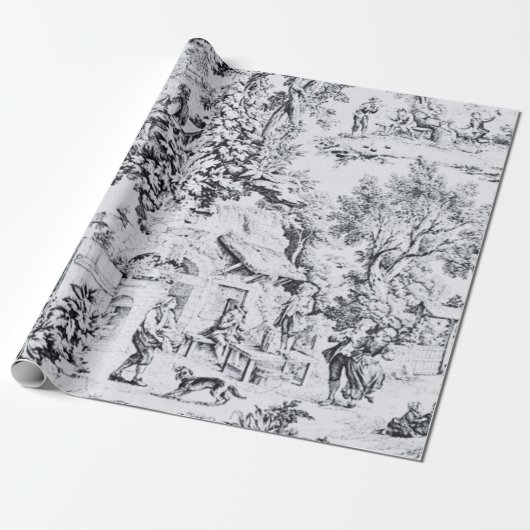 Papier Cadeau Français Black White Toile Rustique Style Découpag (Déroulé)
