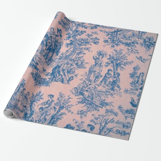 Papier Cadeau French toile de jouy Découpage bleu et rose (Déroulé)