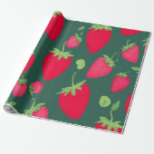 Papier Cadeau Fresh Strawberry Pattern on Dark Green Background (Déroulé)