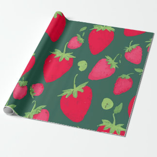 Papier Cadeau Fresh Strawberry Pattern on Dark Green Background