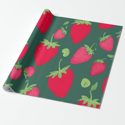 Papier Cadeau Fresh Strawberry Pattern on Dark Green Background (Déroulé)