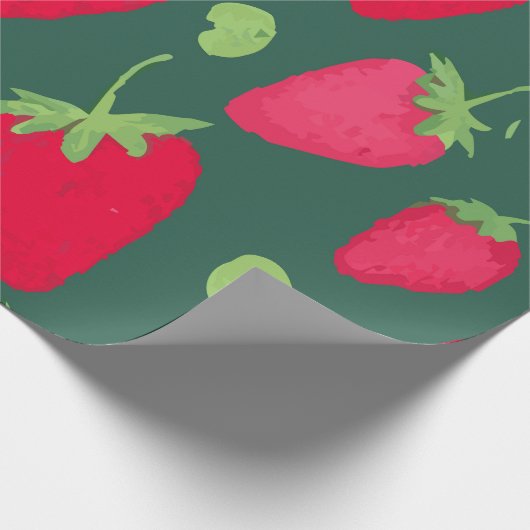 Papier Cadeau Fresh Strawberry Pattern on Dark Green Background (Coin)