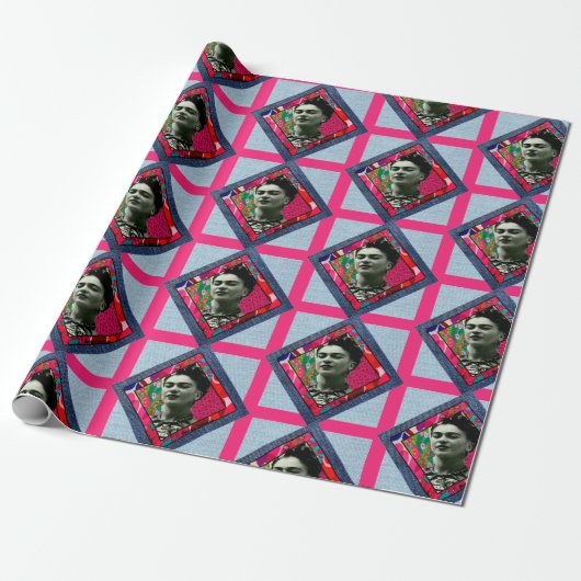 Papier Cadeau Frida Kahlo Retro Pink Denim (Déroulé)