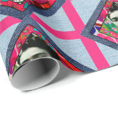 Papier Cadeau Frida Kahlo Retro Pink Denim (Coin rond)