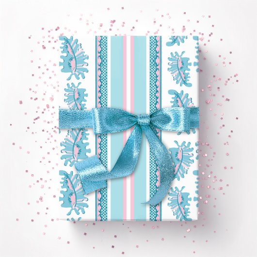 Papier Cadeau Frilly Frond Stripe in Pink and Aqua
