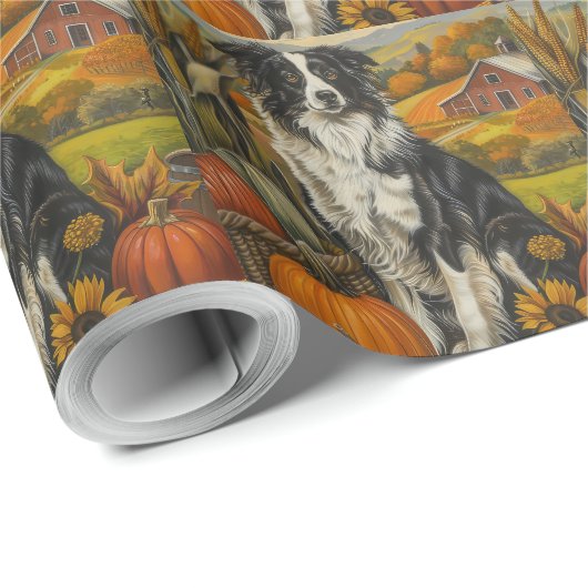 Papier Cadeau Frontière Collie Chien Moisson d'automne Thanksgiv (Coin rond)
