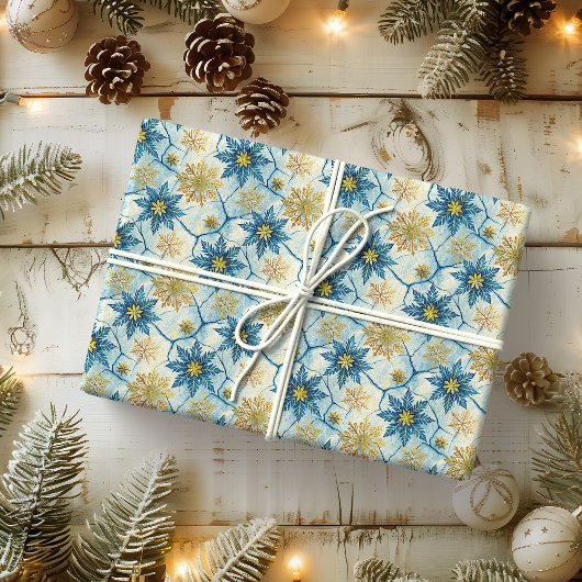 Papier Cadeau Frozen Elegance Blue and Gold Snowflake