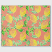 Papier Cadeau Fruit citron motif jaune et pêche rose (Plat)