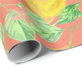 Papier Cadeau Fruit citron motif jaune et pêche rose (Coin rond)