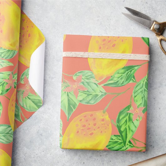 Papier Cadeau Fruit citron motif jaune et pêche rose